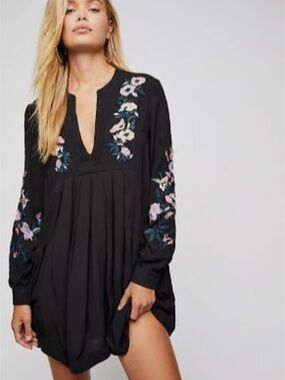 Free People Embroidered Long-Sleeve Mini Dress